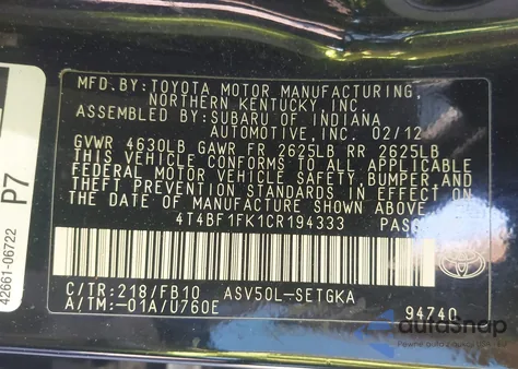 2012 Toyota Camry Xle from USA, damaged, VIN 4T4BF1FK1CR194333